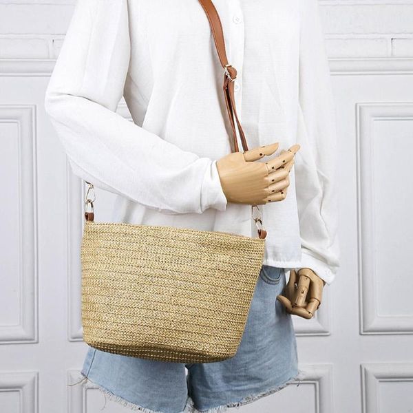 

2021 summer straw crossbody rattan women handbags wicker woven shoulder bags large capacity totes bucket bag travel beach purse