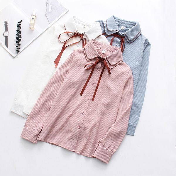 

new double layer collared long sleeve button up striped elegantes spring summer 2021 women fashion cute shirts c285 mhxx, White