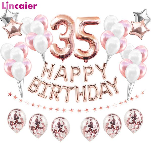 

38pcs happy 35 birthday foil balloons rose gold latex balloon number 35th years old party decorations 53 53th woman man plies