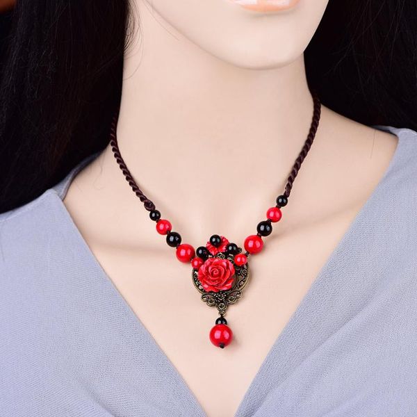 

pendant necklaces classical personal cinnabar flower metal disc necklace glittering red colored stone black onyx beads accessories, Silver