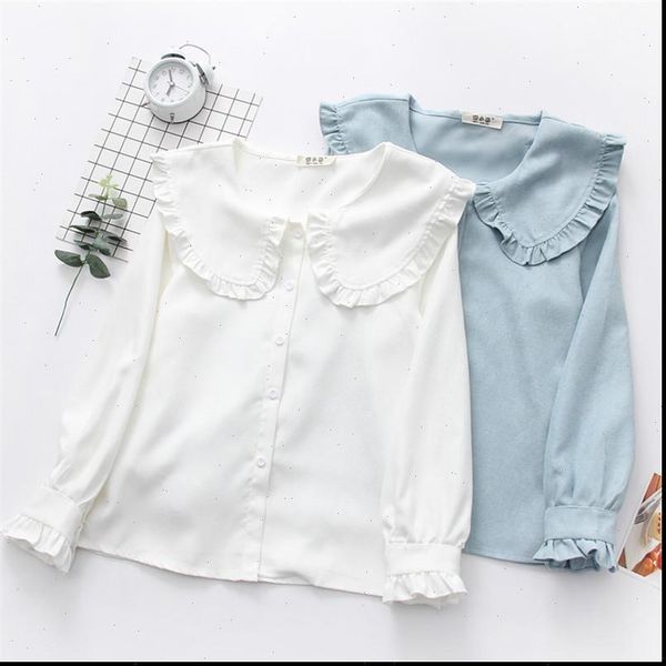 

korean new 2021 spring women shirt girl cute sweet ruffles peter pan collar solid color casual blouse shirt female pz2000, White