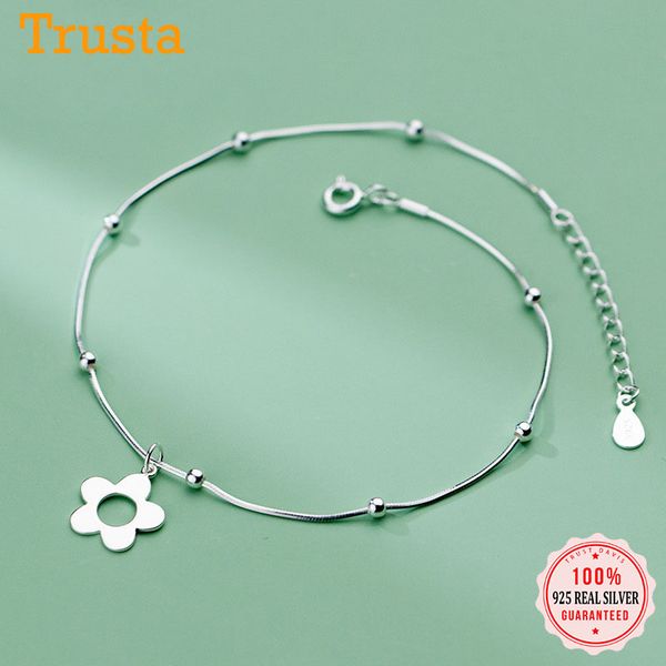 

trustdavis genuine 925 sterling silver minimalist snake chain beads flower anklets for women wedding fine jewelry gift db1319, Red;blue