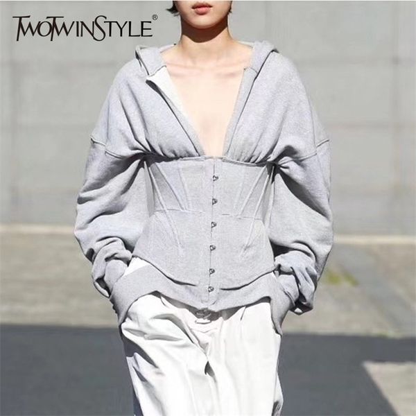 Twotwinstyle Bahar Tişörtü kadın Hoodies için Uzun Kollu V Boyun Yüksek Bel Ince Kazak Kadın Moda Yeni 201103 Tops