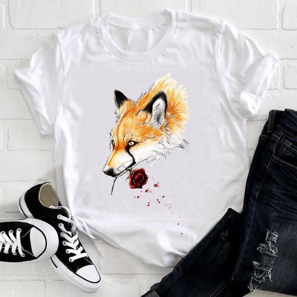 

women short sleeve watercolor flower fox printing clothing animal 90s clothes ladies graphic print tee tshirt female t-shirt, White