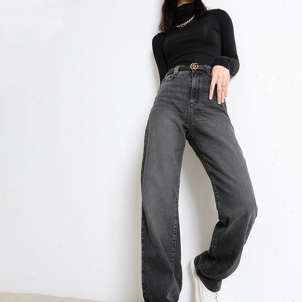 

womens casual denim pants high waisted wide leg jeans 2020 autumn winter tall instantly slims relaxed fit straight leg jean, Blue