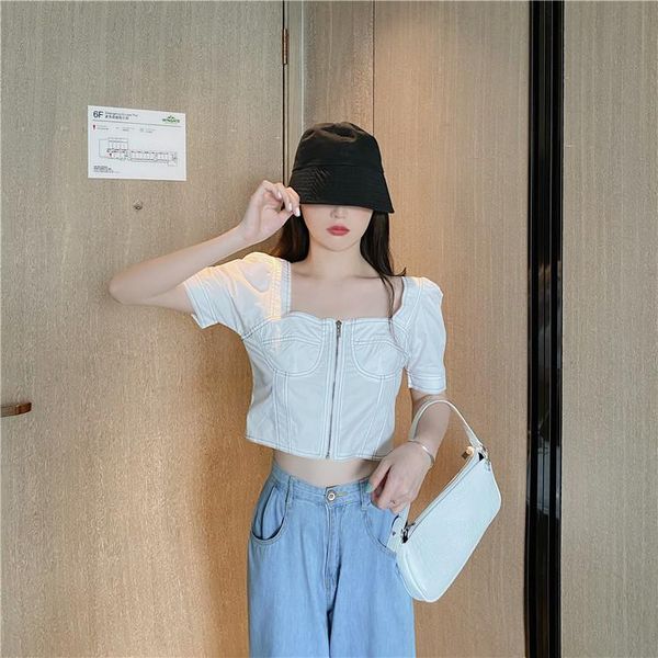 

women's blouses & shirts summer clothes korean one piece ladies shirt 2021 fashion french square collar puff sleeves zipper short leisu, White