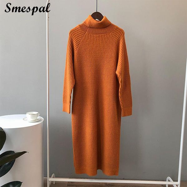 

women casual roll neck long knitted dress winter lazy style oversize solid straight sweater dresses, Black;gray