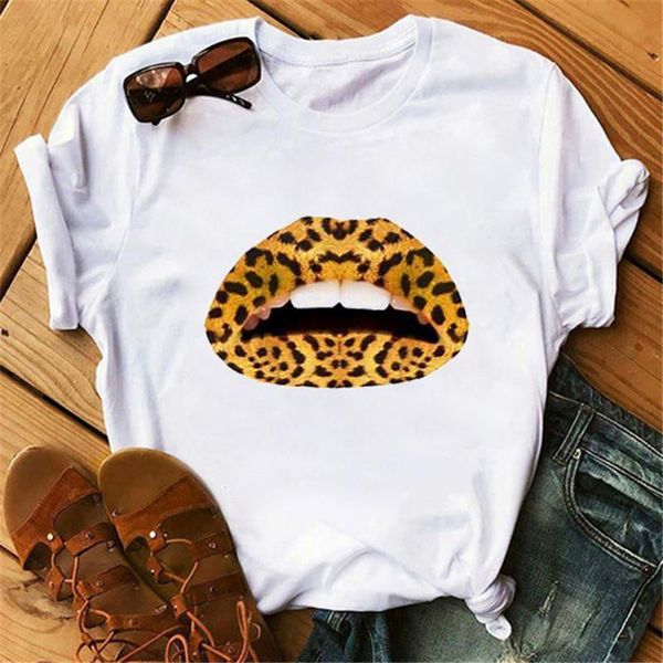 

leopard lip printed women clothes summer short sleeve casual white t-shirts round neck streetwear femme