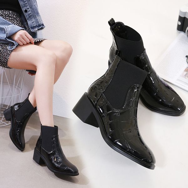 

swonco spring autumn shoes shiny pu woman foot boots leap bloc elbow croquet mujer women ku8v, Black