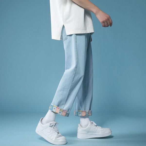 

men's jeans loose wide-leg with cuffed print denim cropped trousers male youth casual straight-leg pants four seasons jean thin, Blue