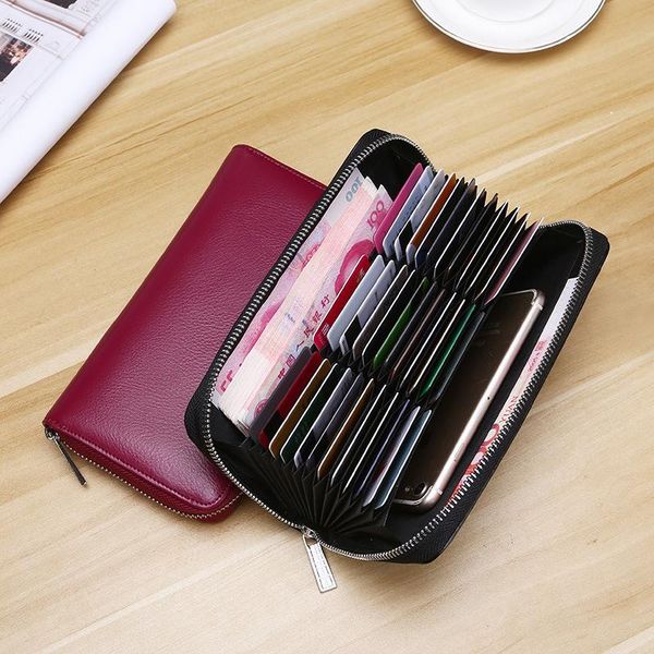 

wallets large capacity rfid clutch wallet phone bag card holder slot female long women genuine leather zipper coin purse, Red;black