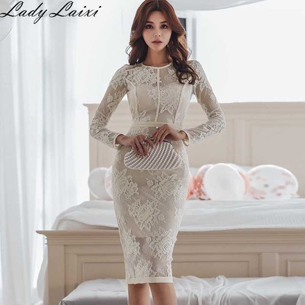 

autumn winter elegant flower lace dress women bodycon pencil sheath dresses office ol work party vestidos 210529, Black;gray