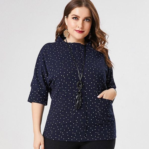 

plus size t-shirt 2021 fall women long sleeve knitted stand collar fashion ladies retro elegant mom clothes womens, Black