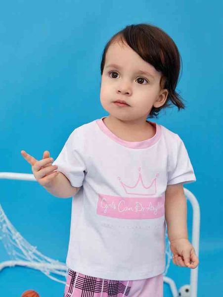 

baby crown & slogan graphic contrast trim tee she, Black