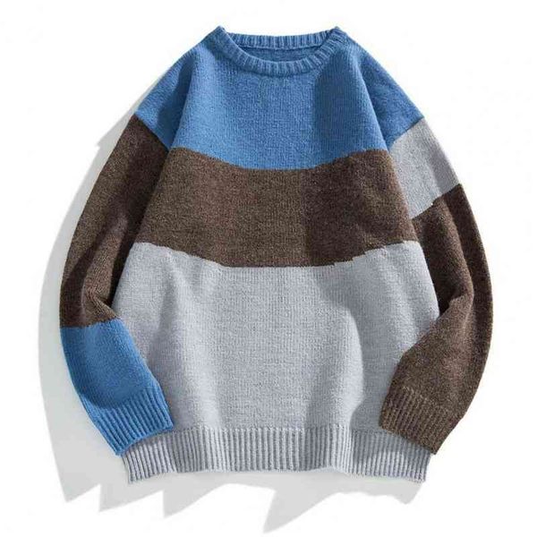 

dropshippingmen contrast colors patchwork knit round neck student sweater for daily wear, Black