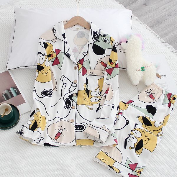 

2021 japanese spring and autumn new 100% cotton ladies cartoon dog knitted long-sleeved trousers pajamas suit home service women m8wz, Black;brown