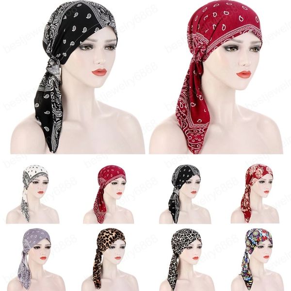 Donne musulmane Hijab Pre-Legato Fiore Stampato Coda Lunga Perdita di capelli Testa Sciarpa Testa Avvolgere Stretch Turbante Copertura del cancro Cappello Chemio Caps