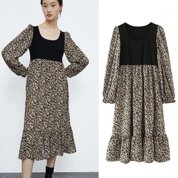 

autumn winter women dress patchwork high waist long sleeve floral printed lady loose elegant girl o-neck outfits casual dresses, Black;gray