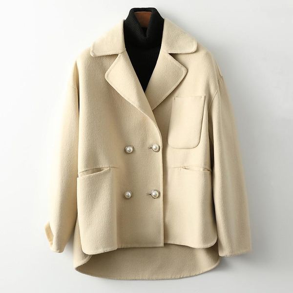 

women's wool & blends double-faced woolen overcoat ladies women double-breasted coat 100% lapel jacket pocket outwear 2021 fashion, Black