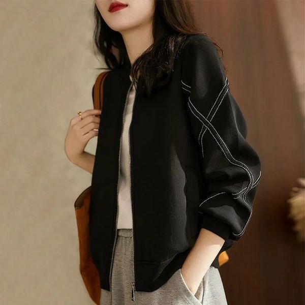 

women's vests spring autumn fashion long sleeve jacket stand collar baseball uniform cotton clothes outerwear, Black;white