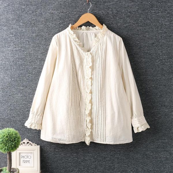 

women's blouses & shirts spring sweet little fresh lace collar organ pleated solid color loose long-sleeved blouse cotton and linen, White