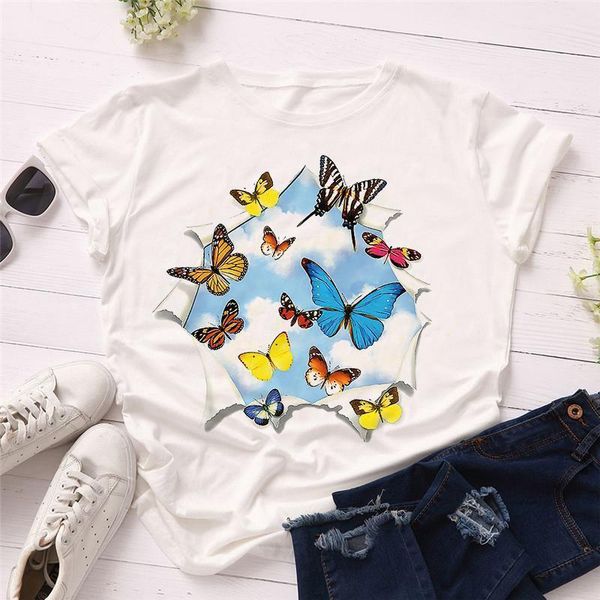 

harajuku 3d color butterfly print white t shirt hiphop punk aesthetics t-shirts casual short sleeve streetwear women tees