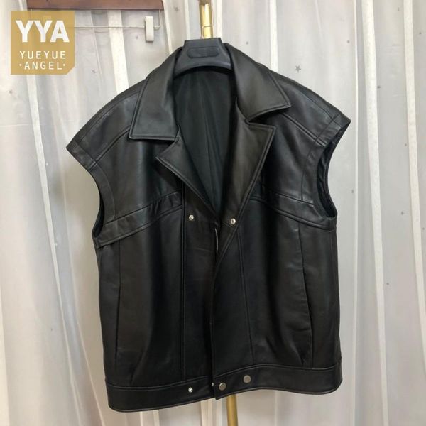 

women's vests women casual sleeveless genuine leather jacket lapel collar loose fit sheepskin vest ladies streetwear waistcoat outerwe, Black;white