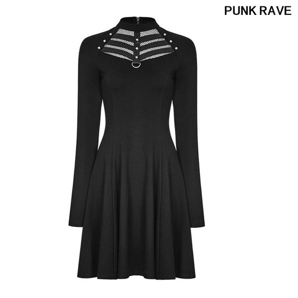 

casual dresses twill woven eyelet drawstring decoration bronze metal button dress stream rock novelty evening short punk rave oq-366lqf, Black;gray