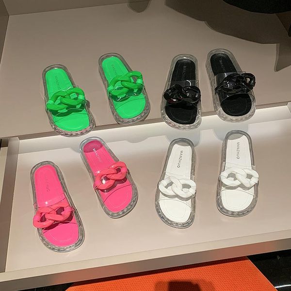 

slippers shoes womens outdoor pantofle transparent heel low slides fashion soft 2021 summer flat luxury rubber pu basic chain, Black