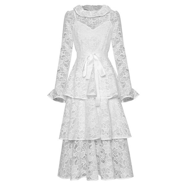 

casual dresses ruffles collar flared long sleeves multi-layer mid-calf length crochet white party dress, Black;gray