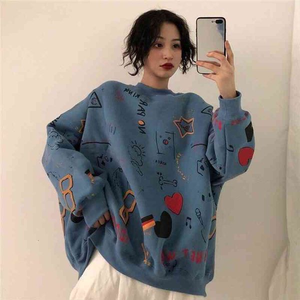

autumn winter womens sweetshirts korean cartoon print casual loose long sleeves harajuku hoodie kawaii couples clothes, Black