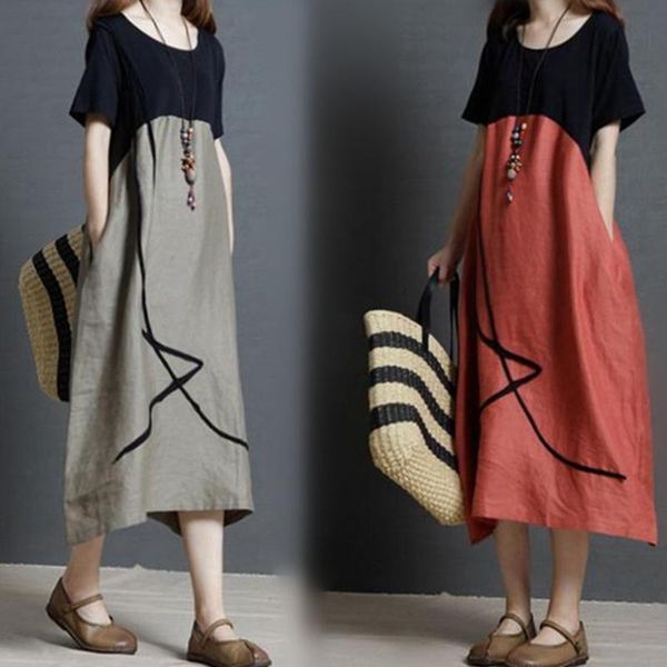 

casual dresses women patchwork dress short sleeve cotton linen 2021 summer o-neck korean fashion loose clothing, Black;gray