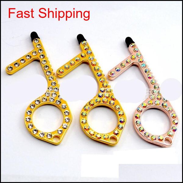 

crystal inlaid no touch contactless door openers silicone heads touchless kirsite keyring edc tool touch screen pen press elevator 4 5 gvinj