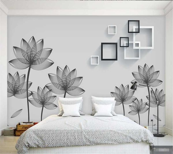 

custom 8d wallpaper 3d p wall simple box black and white line drawing lotus art background wall covering