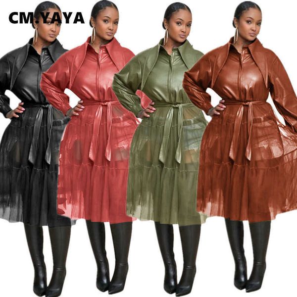 

cm.yaya women faux leathe mesh patchwork long sleeve pu coat jacket streetwear dress 210927, Black