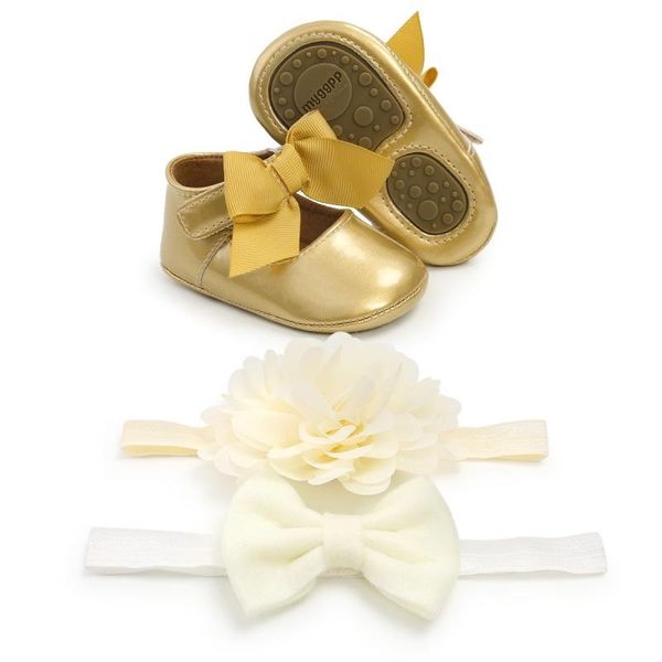 

first walkers baby girls anti-slip walking shoes bow soft soled shoes+2 headbands 3 suit sole infant princess