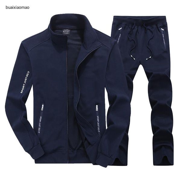

men's tracksuits set spring autumn men cotton sportswear suit 2 piece sets sporting jacket+pant sweatsuit male casual tracksuit, Gray