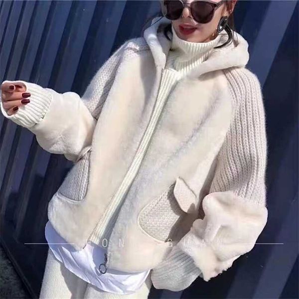 

harppihop* knitted wool sleeve patchwork with faux rex rabbit fur coat women loose hooded fur coat 211218, Black
