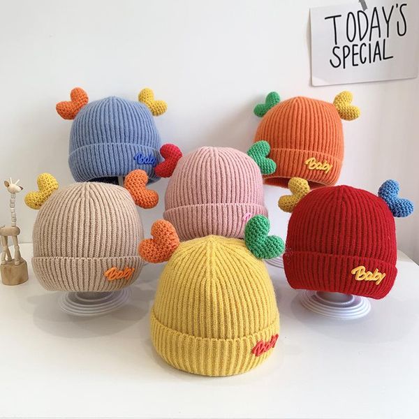 

caps & hats kids baby for girls autumn/winter children infant double love cuffed knitted headdress woolen cap warm, Yellow