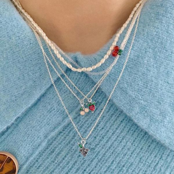 

pendant necklaces multilayer boho pearl beads necklace for women cherry heart beaded short choker handmade female jewelry gift, Silver