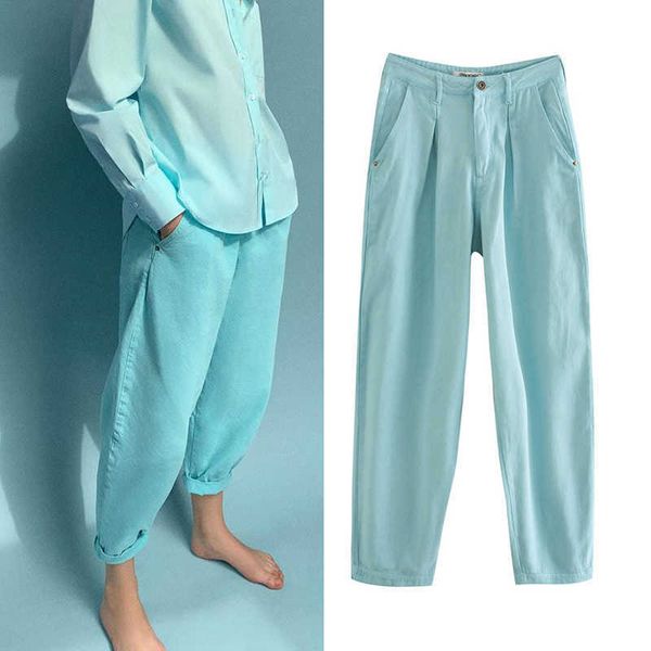 

za pant high waist cotton fashion simple sky blue s casual chic youth student s 210601, Black;white