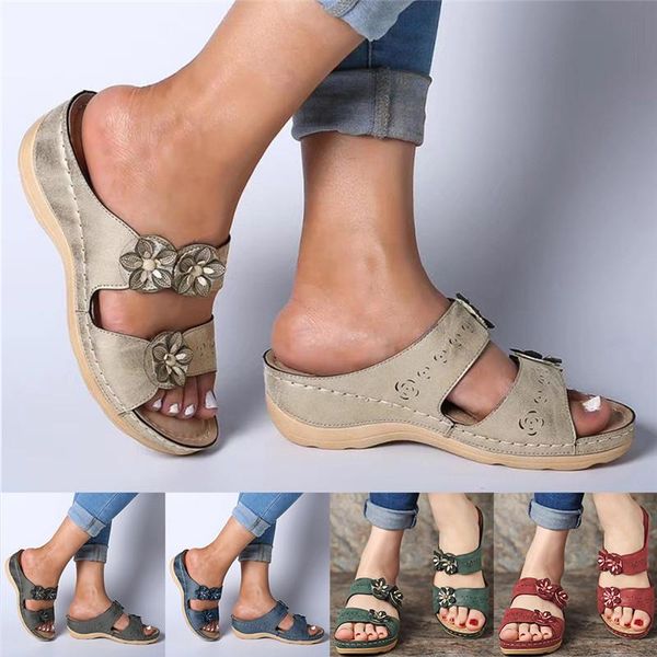 

women's shoes summer outdoor flat open toe comfortable wedge slippers casual women's flowers roman slippers 2021, Black