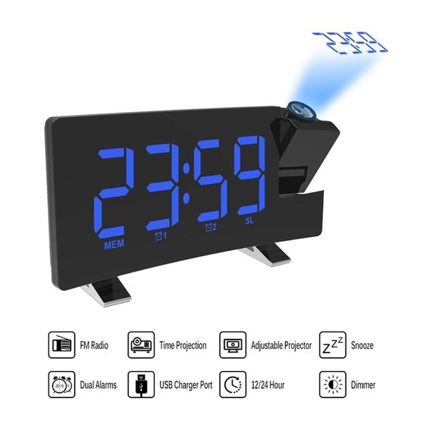 Proiettore Sveglia Display digitale da soffitto Proiettore da 180 gradi Dimmer Radio Batteria di backup 210804