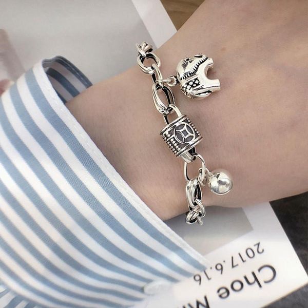 

link, chain s925 sterling silver bracelet women's personality fashion elephant ball pendant minority design retro trend, Black