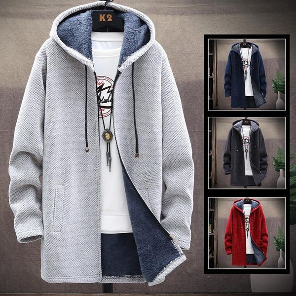 

men's sweaters fall winter sweater coat with push padded hat, medium long knitted sweater, cardigan, fleece wool warm, White;black