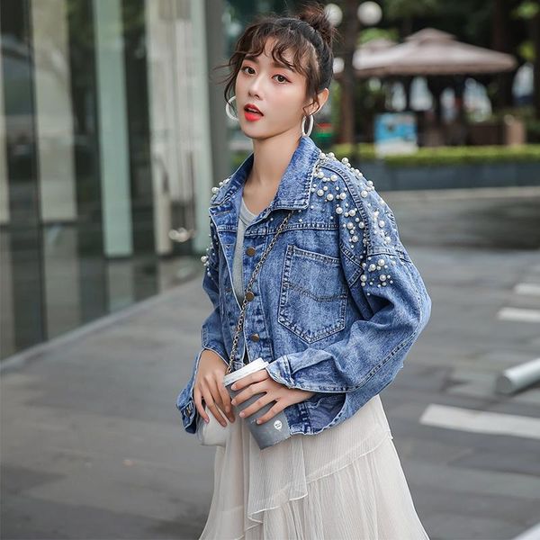 

women's jackets 2021 spring pearl beading crop denim women plus size casual jeans bomber jacket long sleeve coat korean ladies, Black;brown