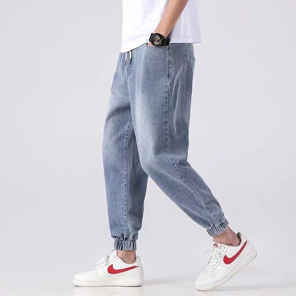 

men's jeans 2021 spring summer plus fat size light-colored washed loose pants trend wild tie, Blue