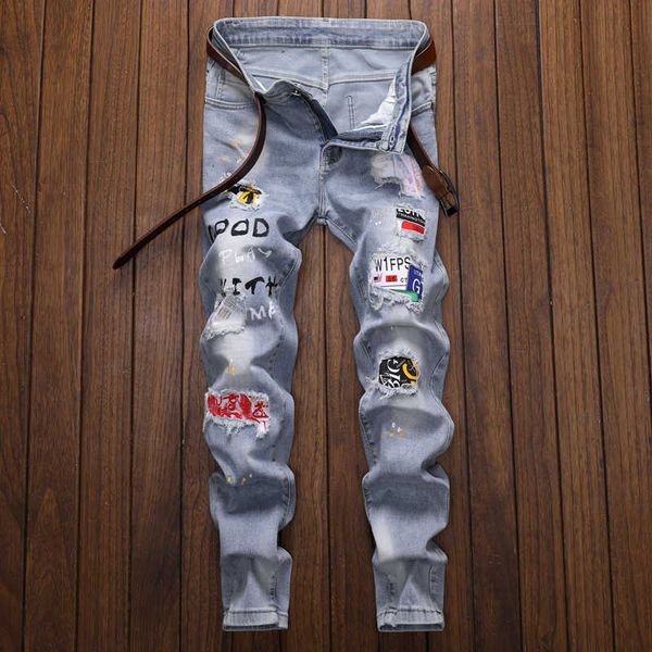 

denim broek male new fashion casual stretch slim ripped jeans men, Blue