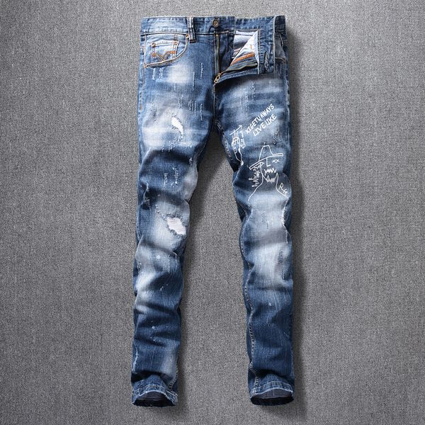 

2021 new fashion streetwear retro slim fit printed men elastic hip hop pants vintage designer jeans homme eqev, Blue