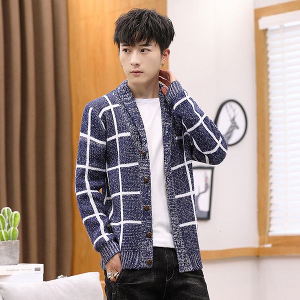 

autumn new casual cardigan fashion 2021 them hombres korean shelters fine fit single male plaid nightgown breasted 3xl- 1dem, White;black